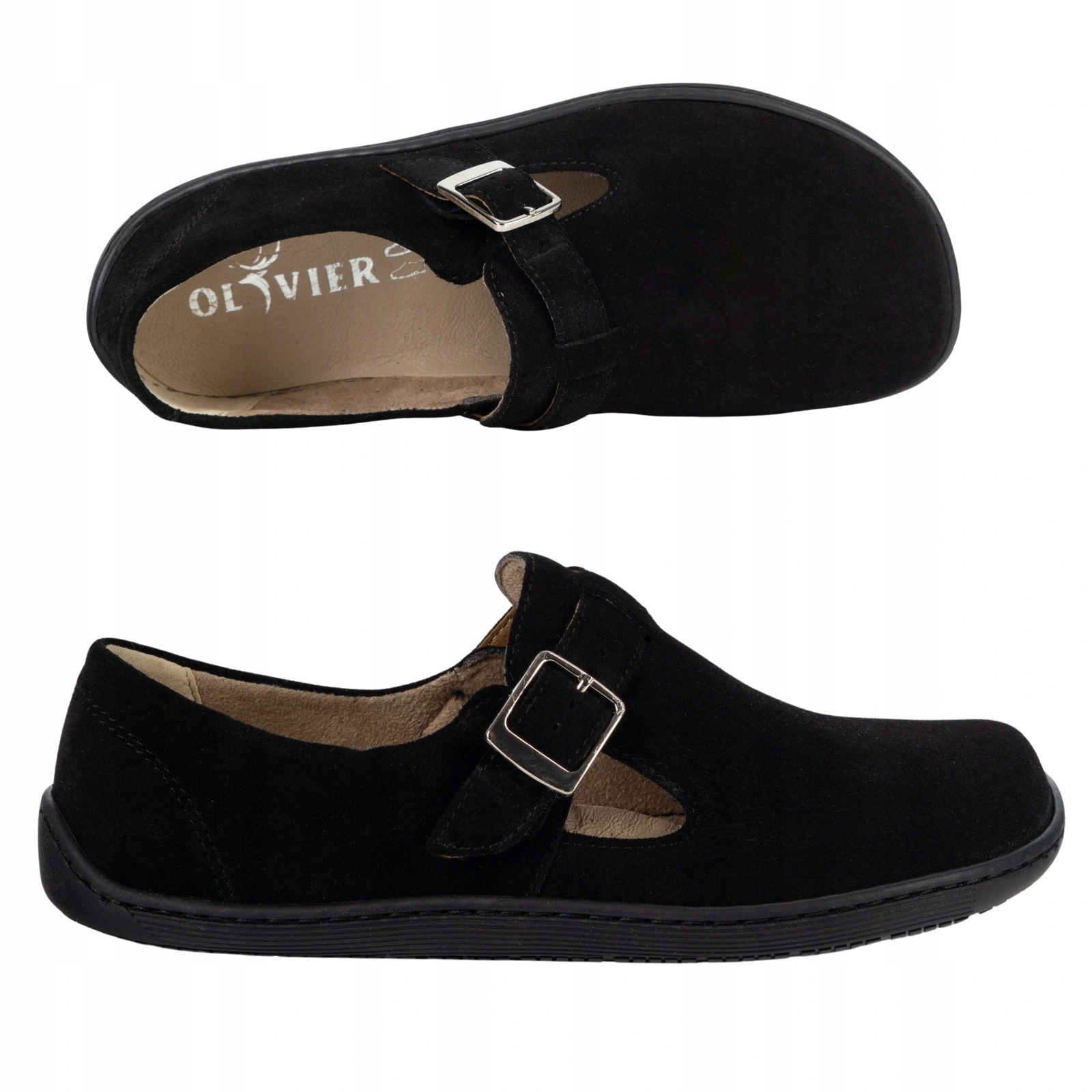 Buty barefoot damskie skórzane Rosa zero drop z paskiem czarne welur 41