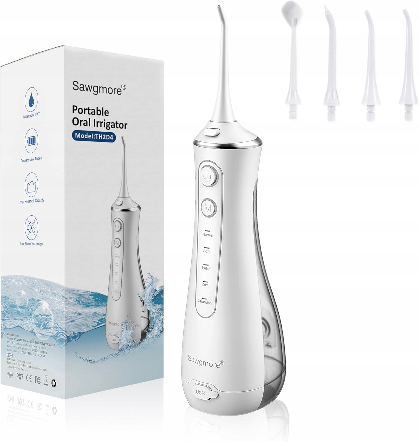Irygator do jamy ustnej Sawgmore, z 4 trybami i 4 dyszami biały IPX7