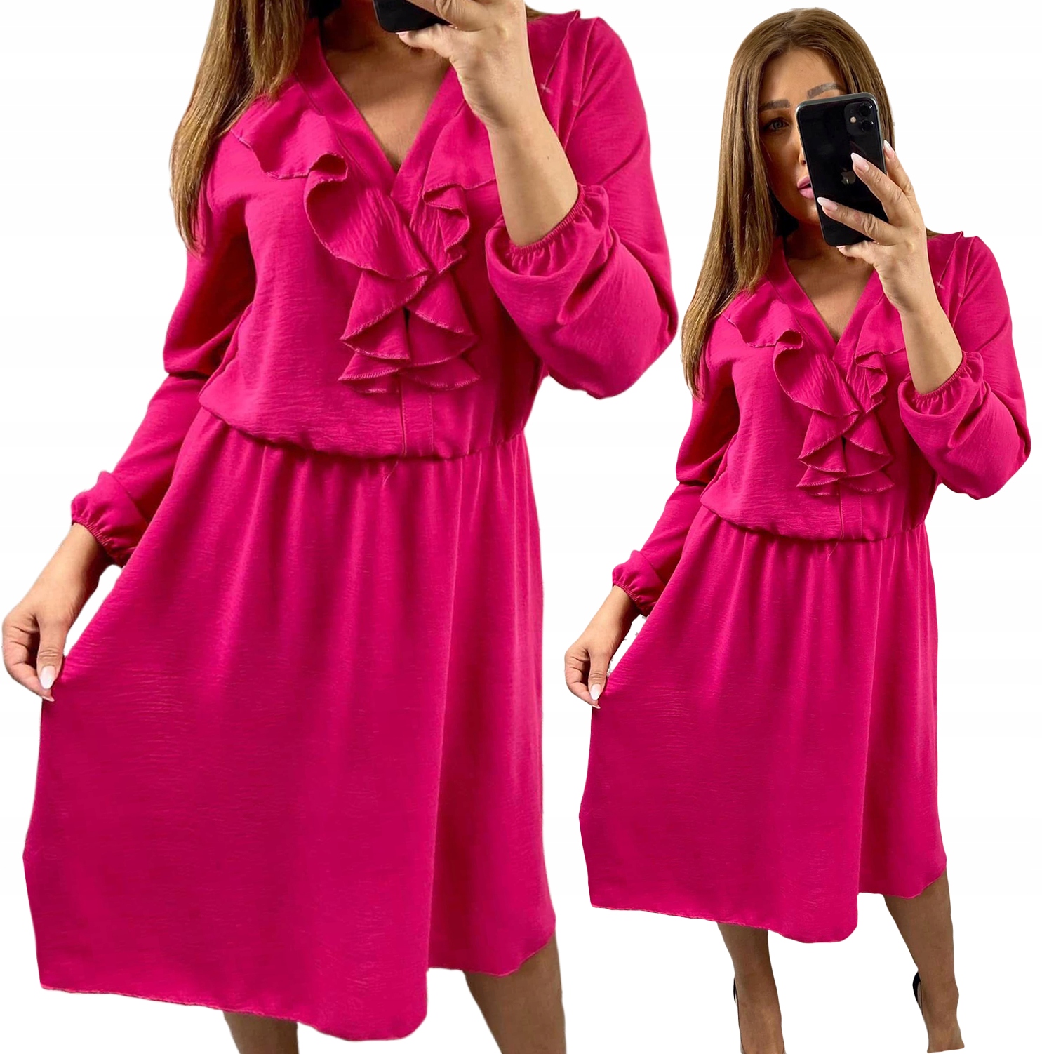 Šaty Elegantní MIDI s Žabákem Bez vzorů Růžová Glamour velikost 44