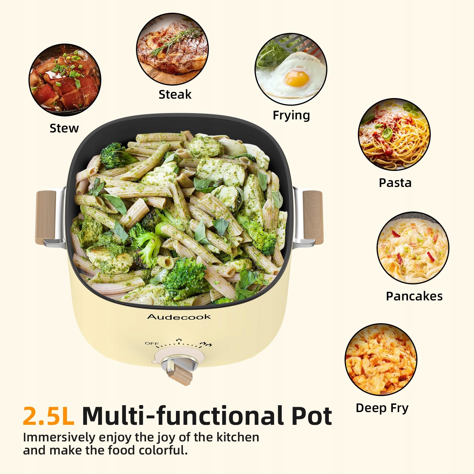 AUDECOOK Elektryczny Garnek 2,5L Przenośny Multicooker dla 1-3 Osób Beżowy — miniatura 2