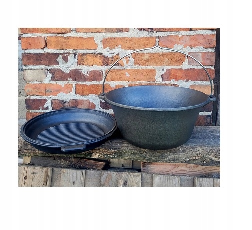 Kociołek żeliwny wiszący węgierski 11 L z pokrywką żeliwną 2w1 patelnia