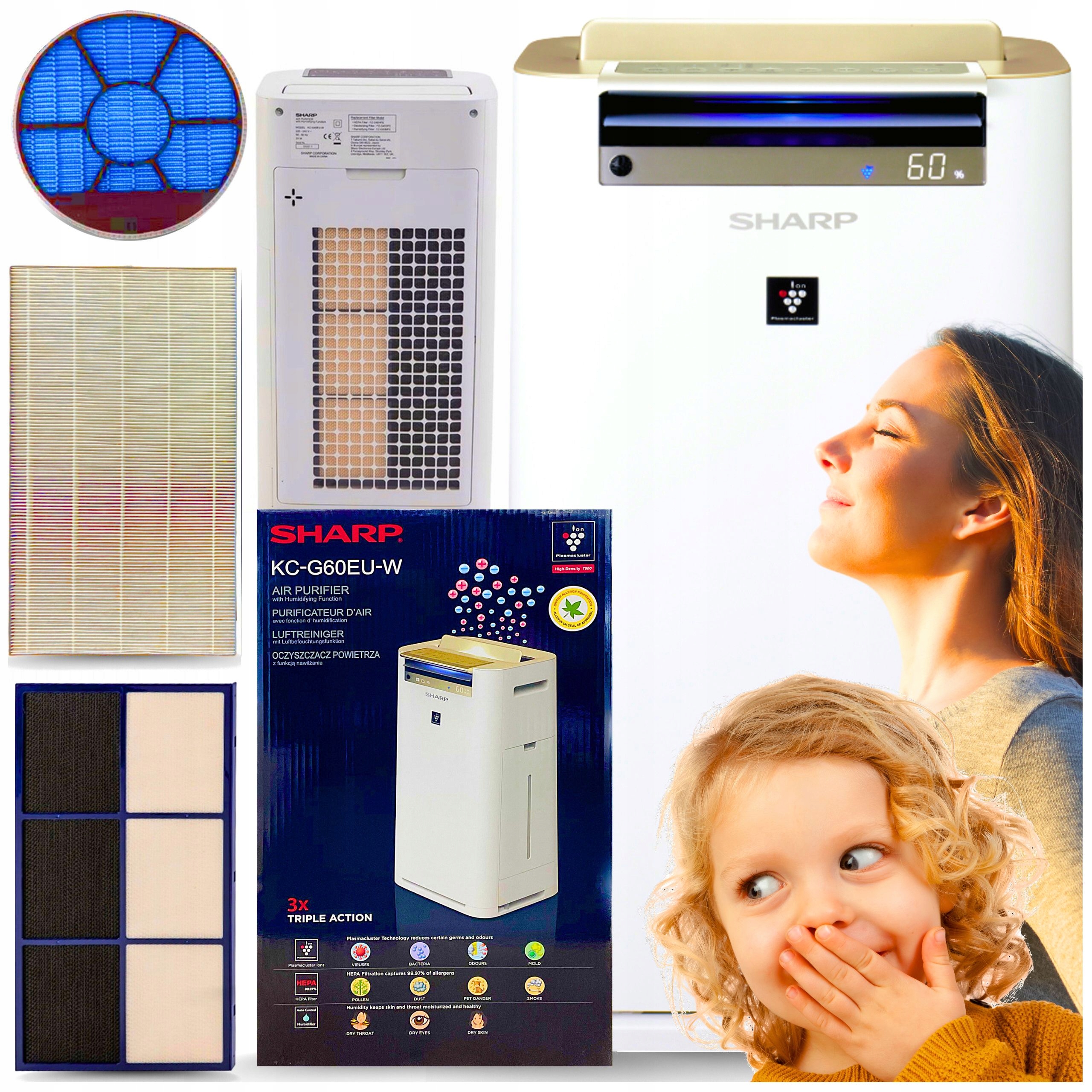 Sharp Čistička vzduchu s zvlhčovačem vzduchu s ionizací KC-G60EUW Výkonný Hepa