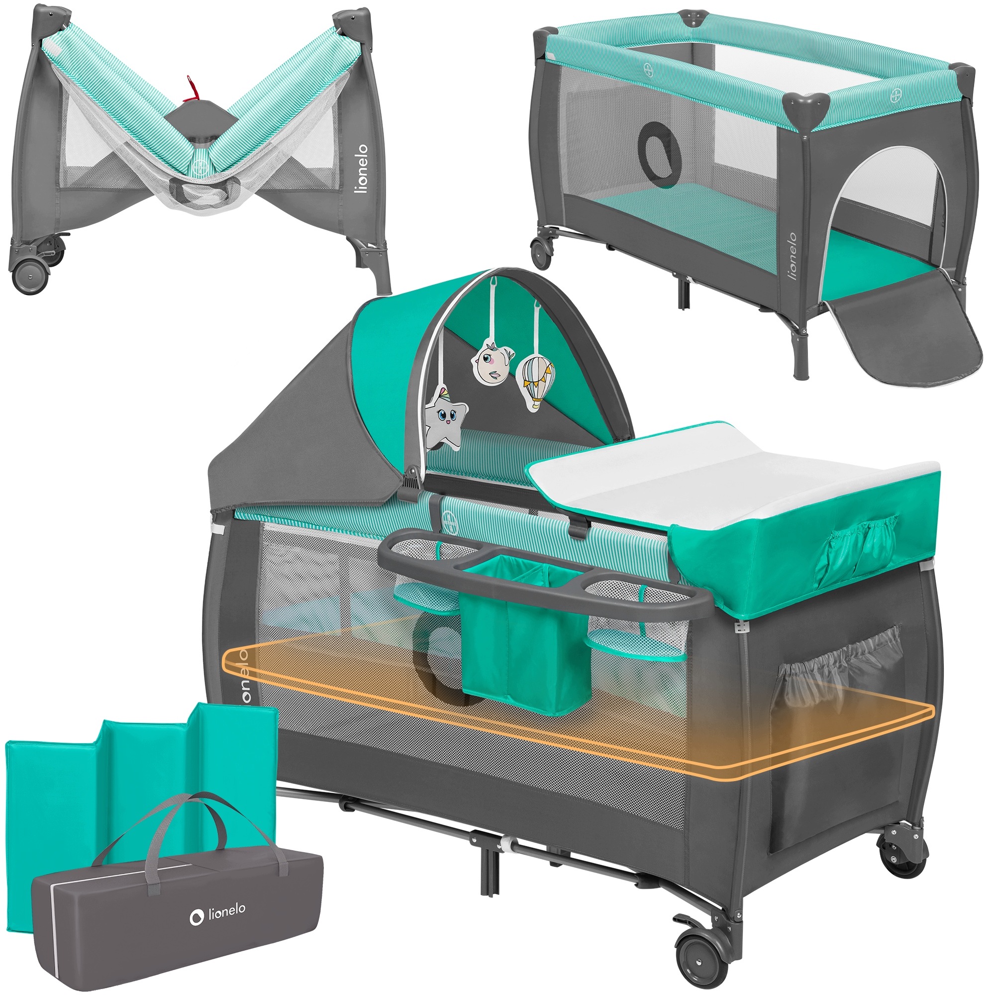 Łóżeczko 2w1 Lionelo Sven Plus Turquoise Grey