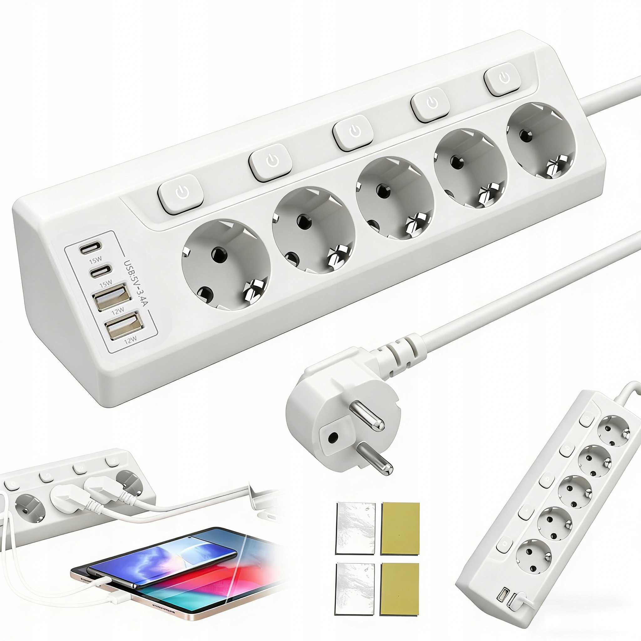 Przedłużacz Listwa Zasilająca Meblowe Biurkowe 5 Gniazda 2M Z Wyłącznikiem