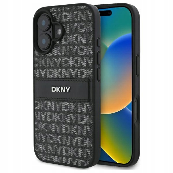 Pouzdro Dkny pro iPhone 16 6,1" černé s texturovaným vzorem a tónovými proužky