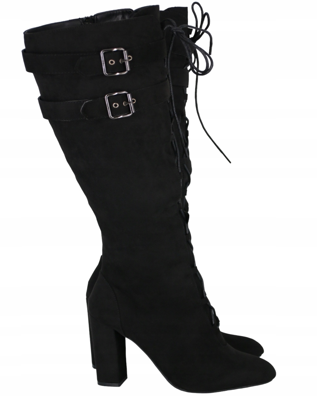 Kozačky Na Podpatku 10 CM Černé Semišové Šněrovací Zateplené Elegantní 38