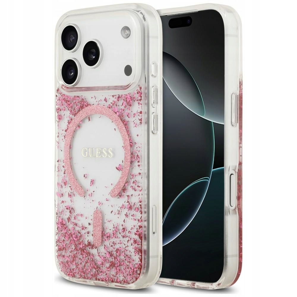 Pouzdro Guess Resin Bottom Glitter MagSafe pro iPhone 18 Pro 17 Pro růžové