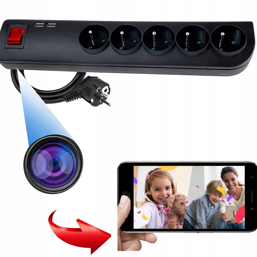 Mini Kamera V Lišta Predlžovací Kábel 5 Zásuviek 2XUSB Wifi Karta Micro Sd