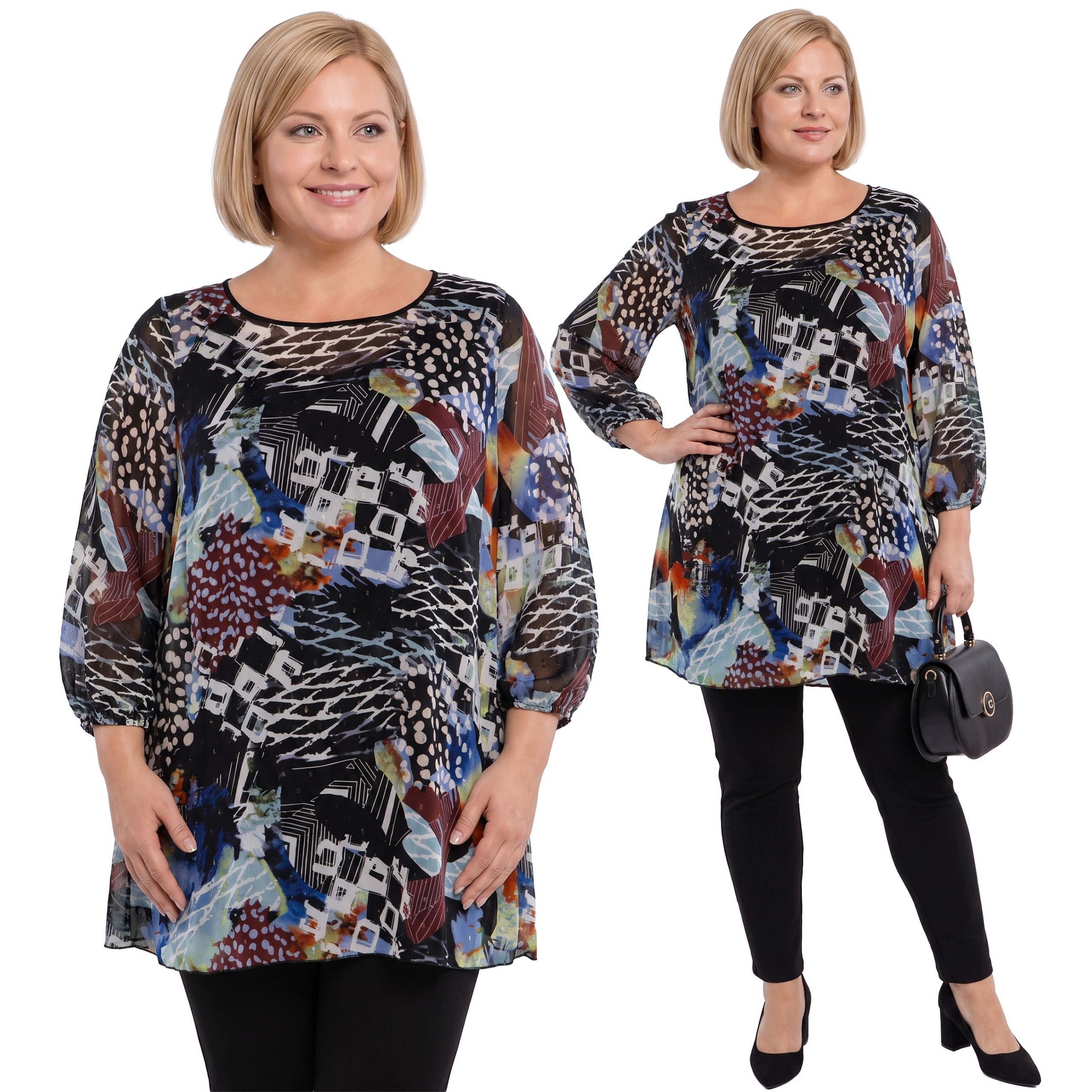 Černá šifonová tunika s barevnými vzory plus size velikost 56