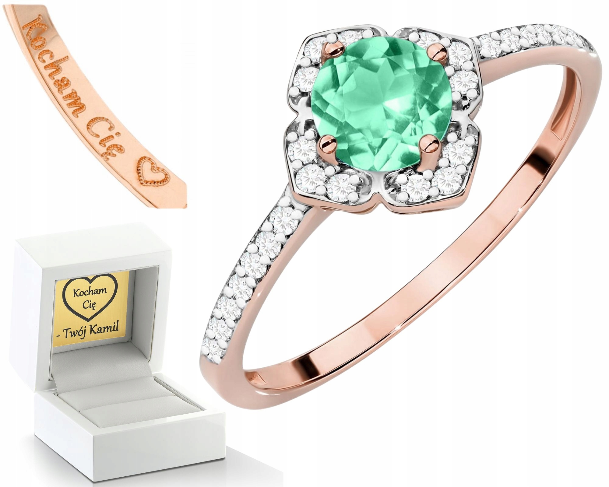 Růžový Zlatý Prstýnek Se Smaragd Smaragdem A Diamanty Zlato 585