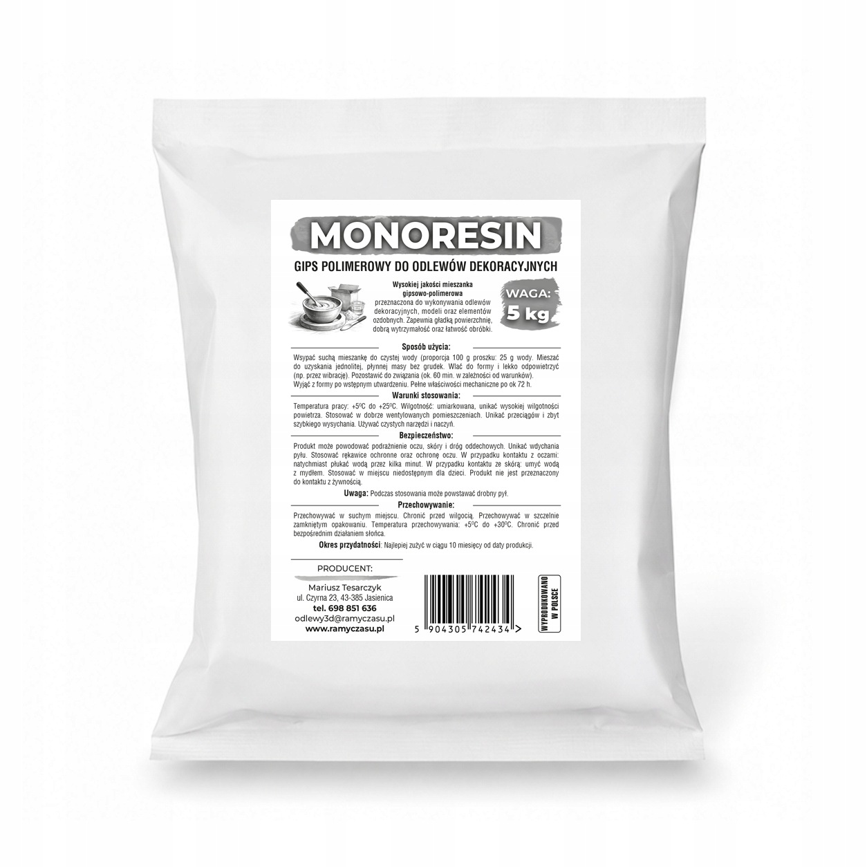 Polymerační Sádra Bílý Slévárenský Monoresin Tvrdý Umělecký 5KG