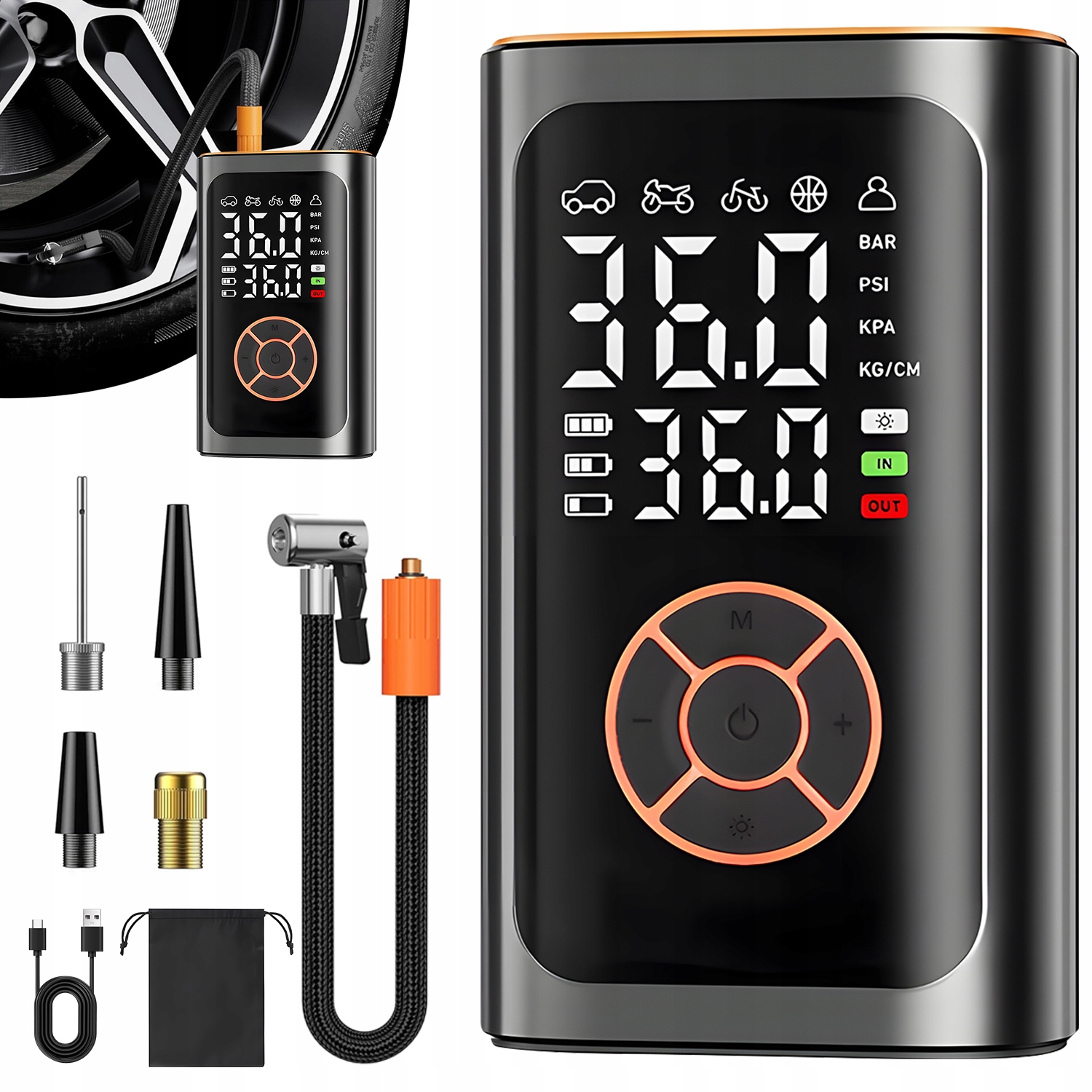 Kompresor Do Auta Elektrická Pumpa LCD 4 Režimy Power Bank 20 L/min Led