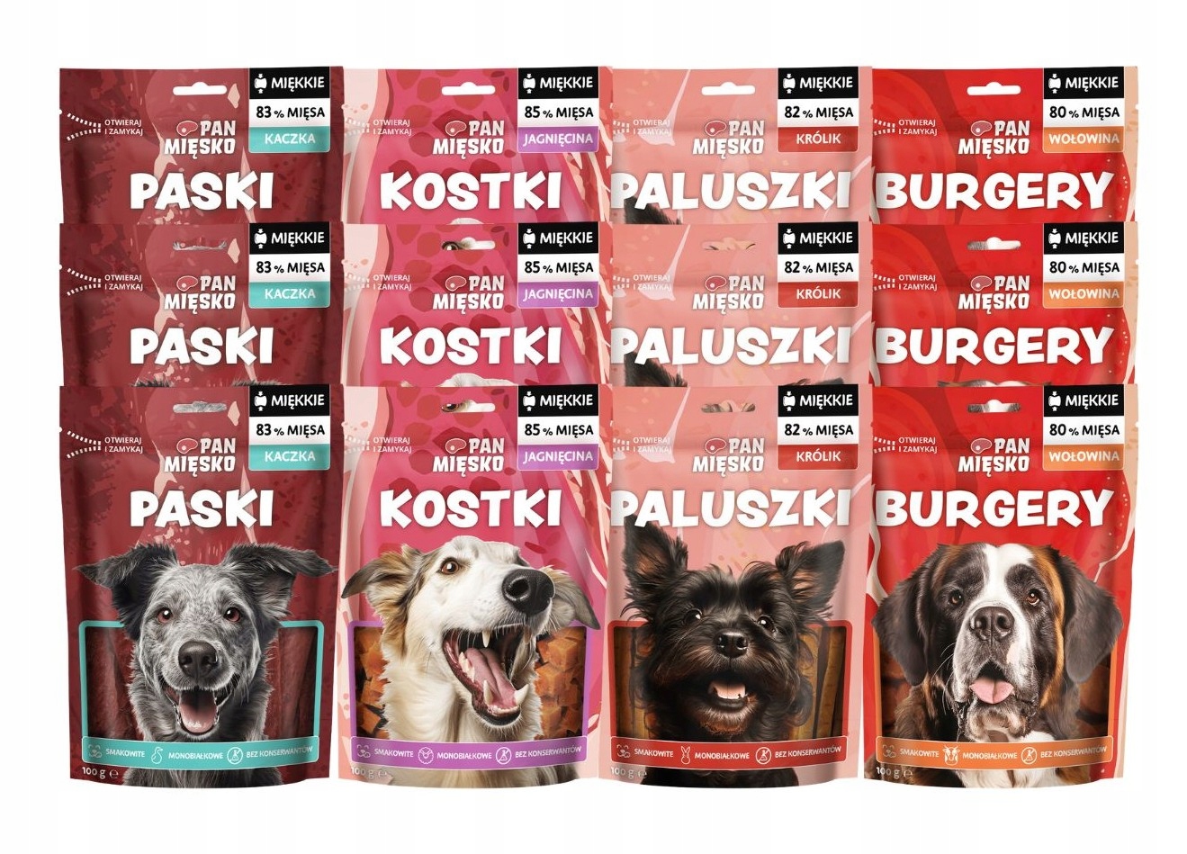 Přírodní pamlsky pro psa Pan Mięsko MIX 12x100g Monoproteinové