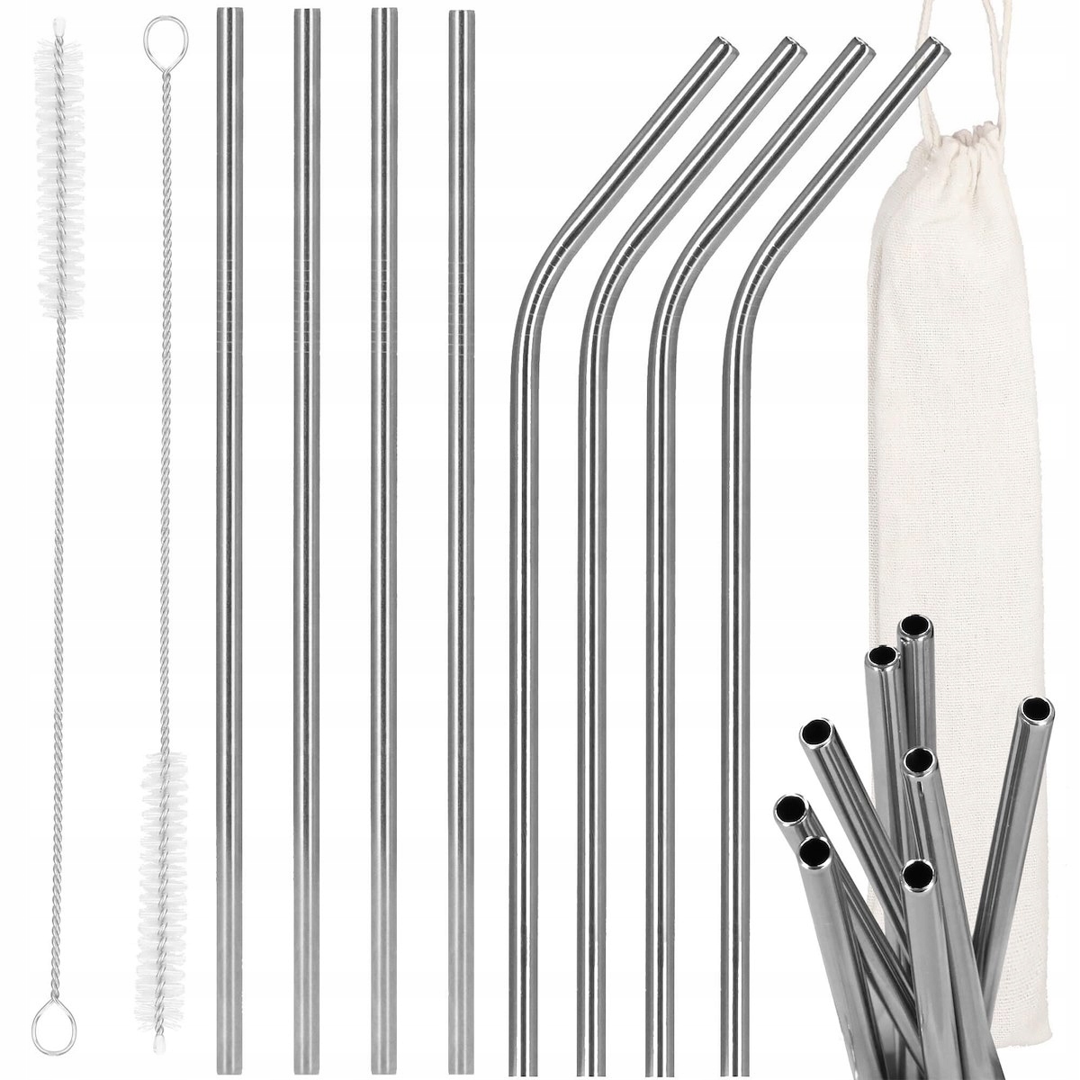 EKO GRUBE RURKI SŁOMKI METALOWE ZESTAW 8szt CZYŚCIKI WIELORAZOWE STALOWE