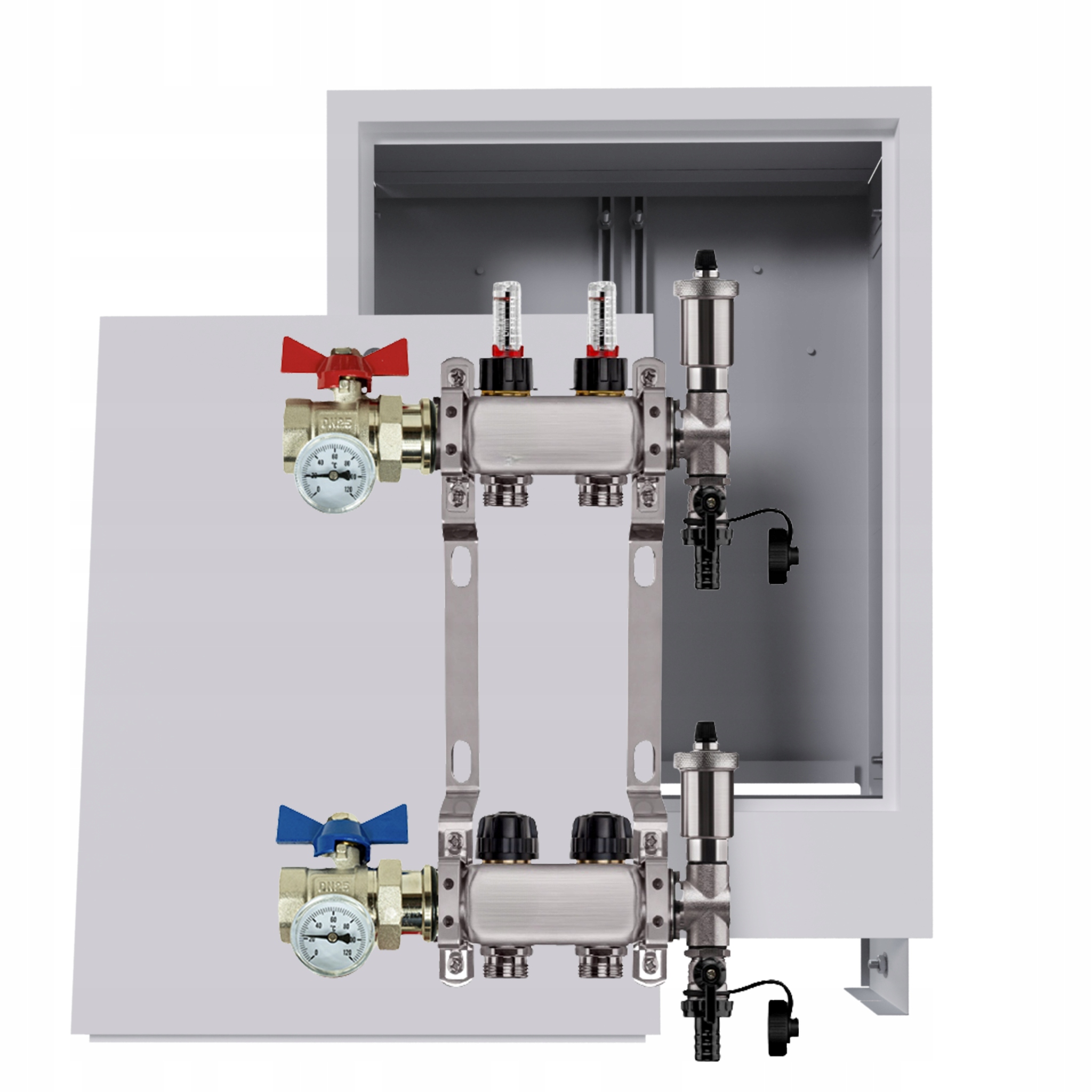 Nerezový rozdeľovač podlahy 2 obvody podomietková skrinka ventily