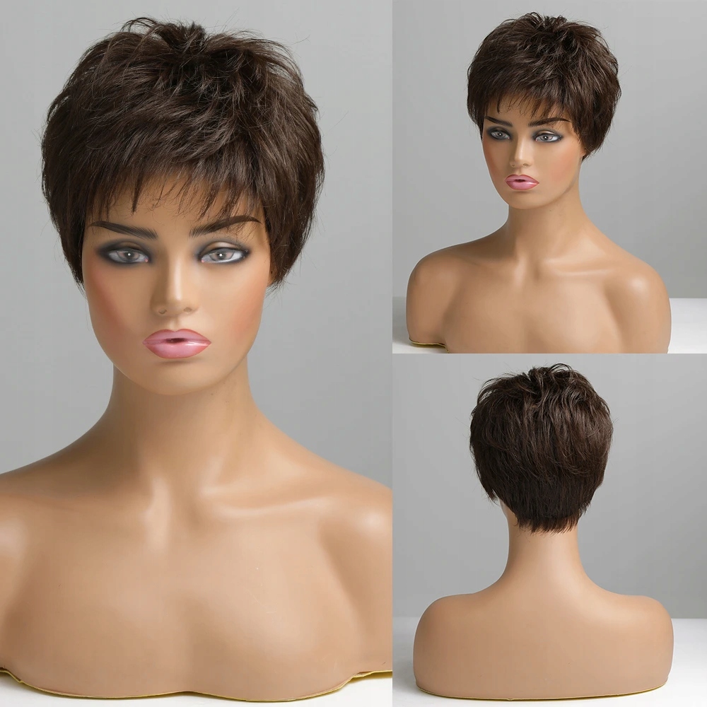 Tmavě hnědá pixie paruka z pravých a umělých vlasů Coralie