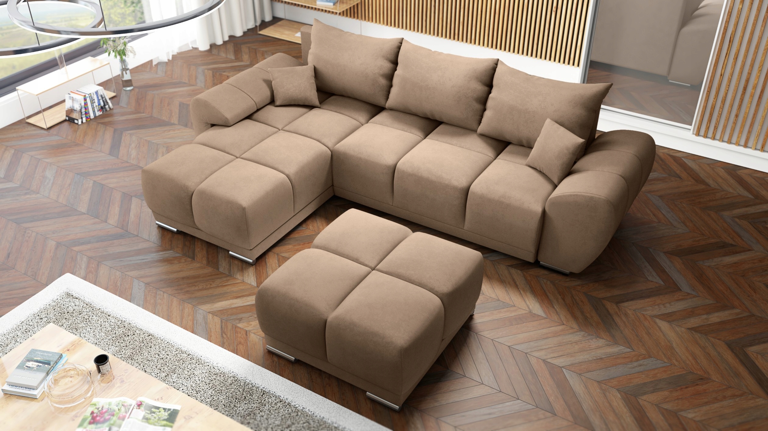 Pohodlný Rohová Sedací Souprava S Funkcí Spaní Honey L Velká Taburet