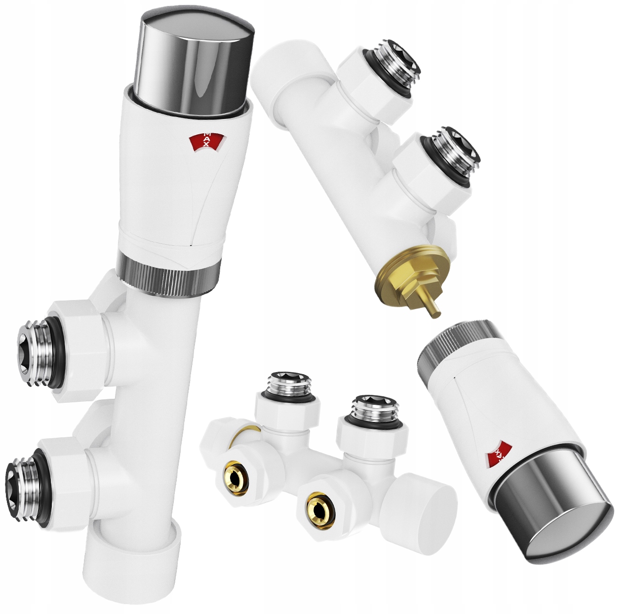 Biely termostatický ventil pre radiátor Pex, mosadzný komplet, hlavica 1/2