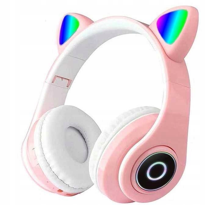 SŁUCHAWKI BEZPRZEWODOWE KOLOROWE KOCIE USZY LED DLA DZIECI RÓŻOWE