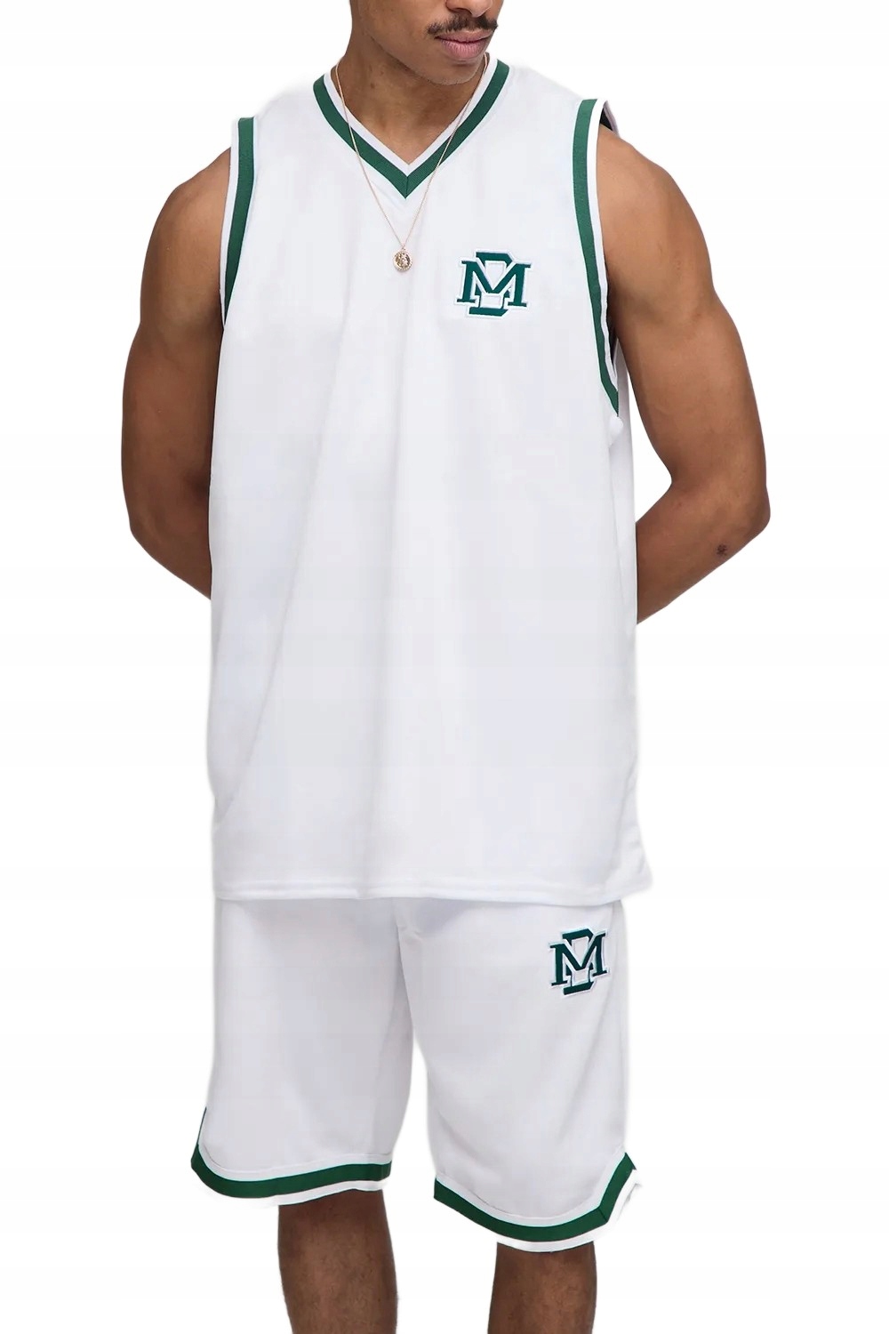 Boohooman Bílý Pánský Komplet Tričko A Kraťasy Se Zeleným Páskem S Z3A