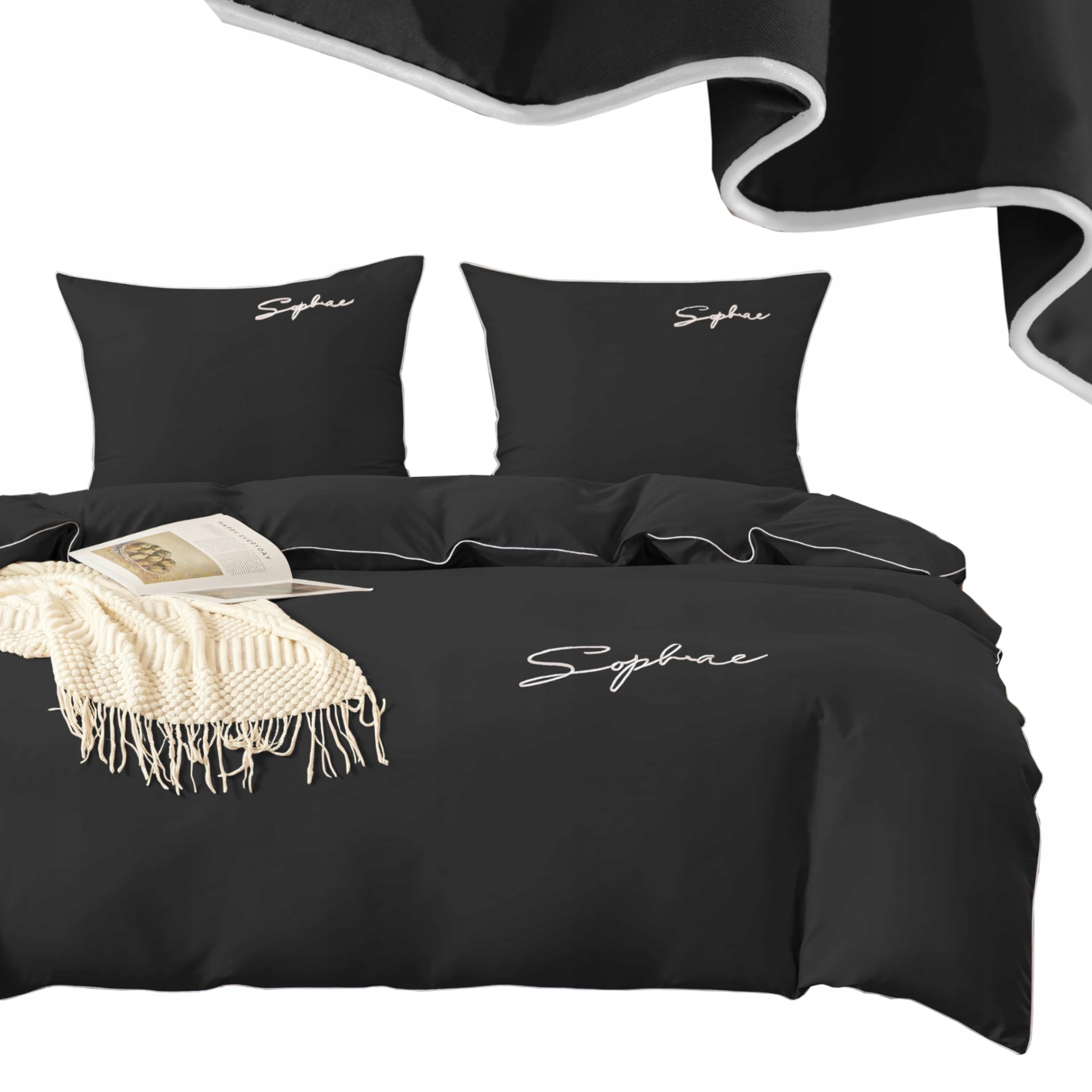 Pościel 200x220 2 Poszewki Czarna Premium Luksusowa Satyna Lamówka Haft