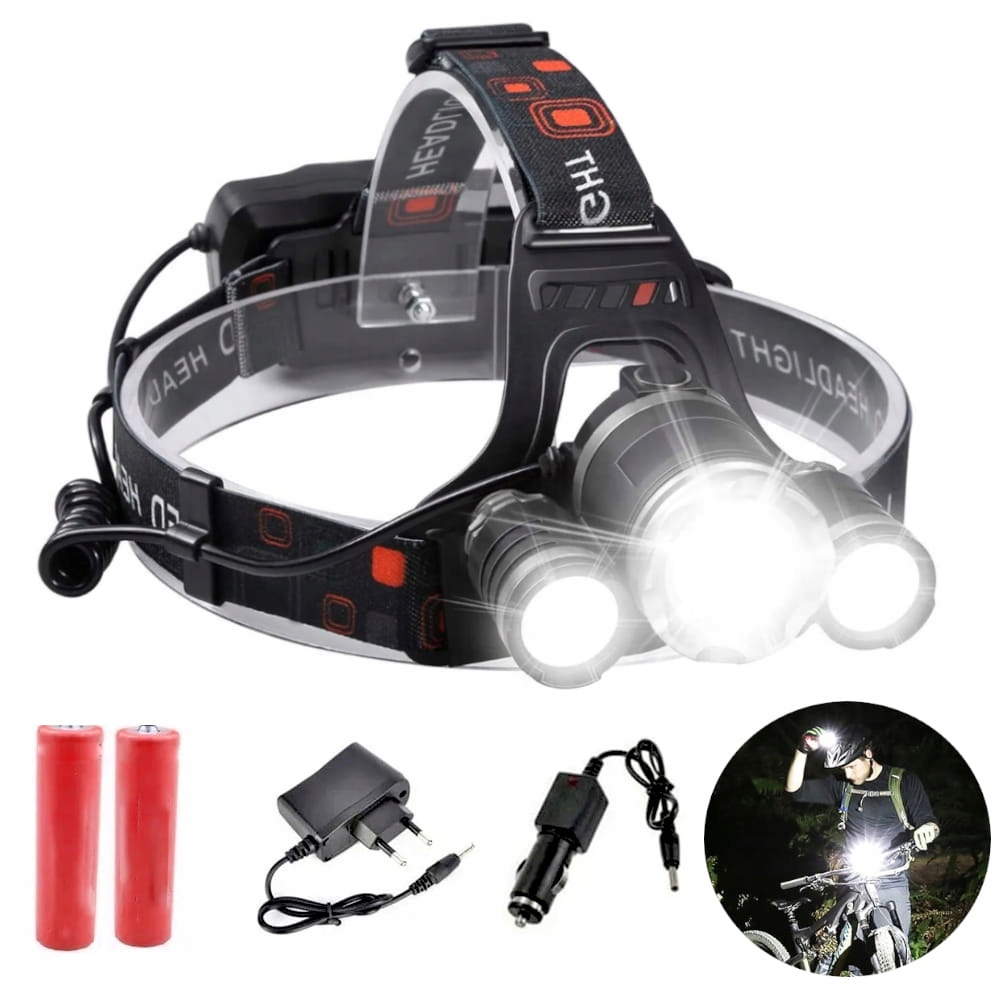 Latarka Czołowa LED 3xT6 Akumulator + Ładowarka