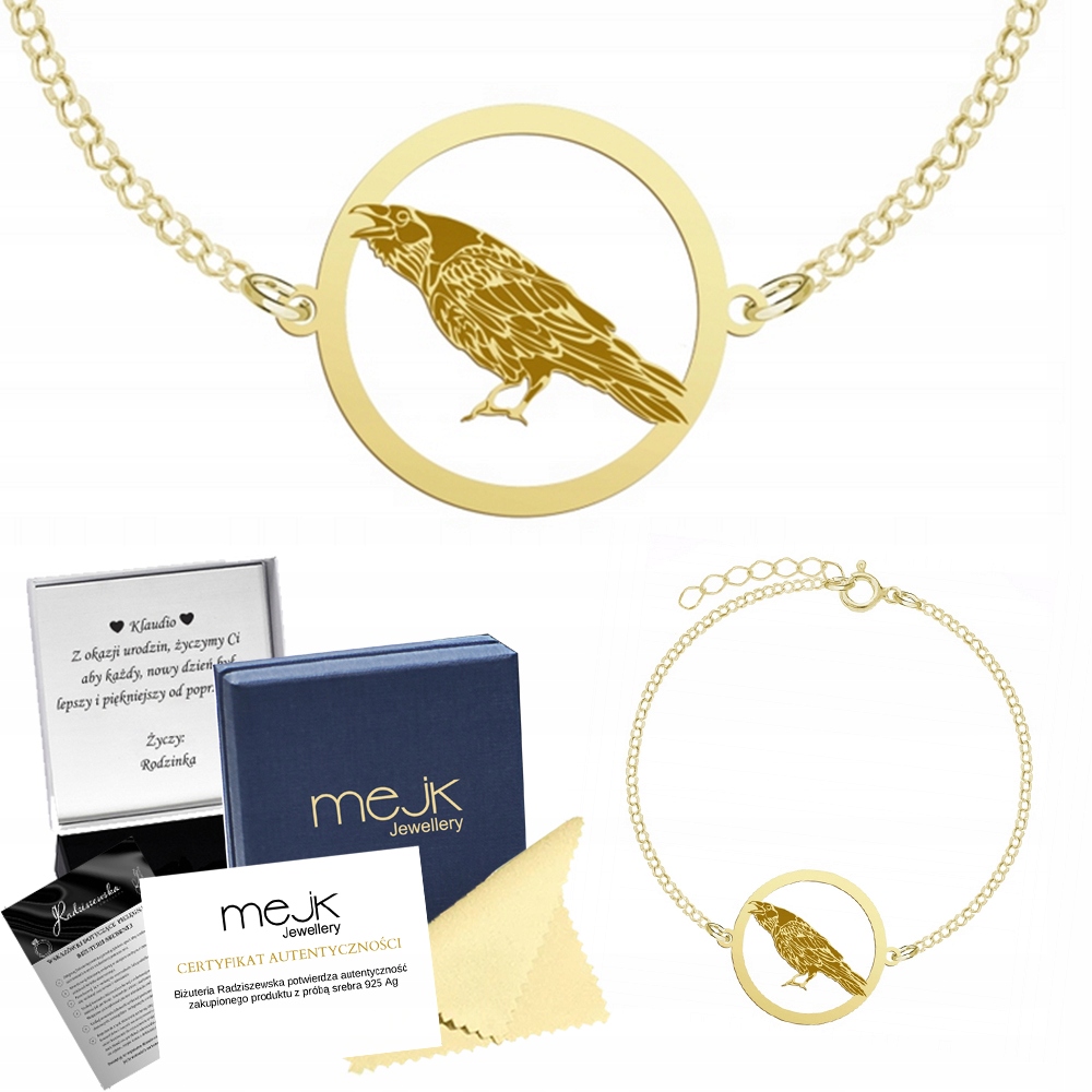Zlatý náramek s Havranem 925 Řetízek Šperky Dárek Gravírování Bonus