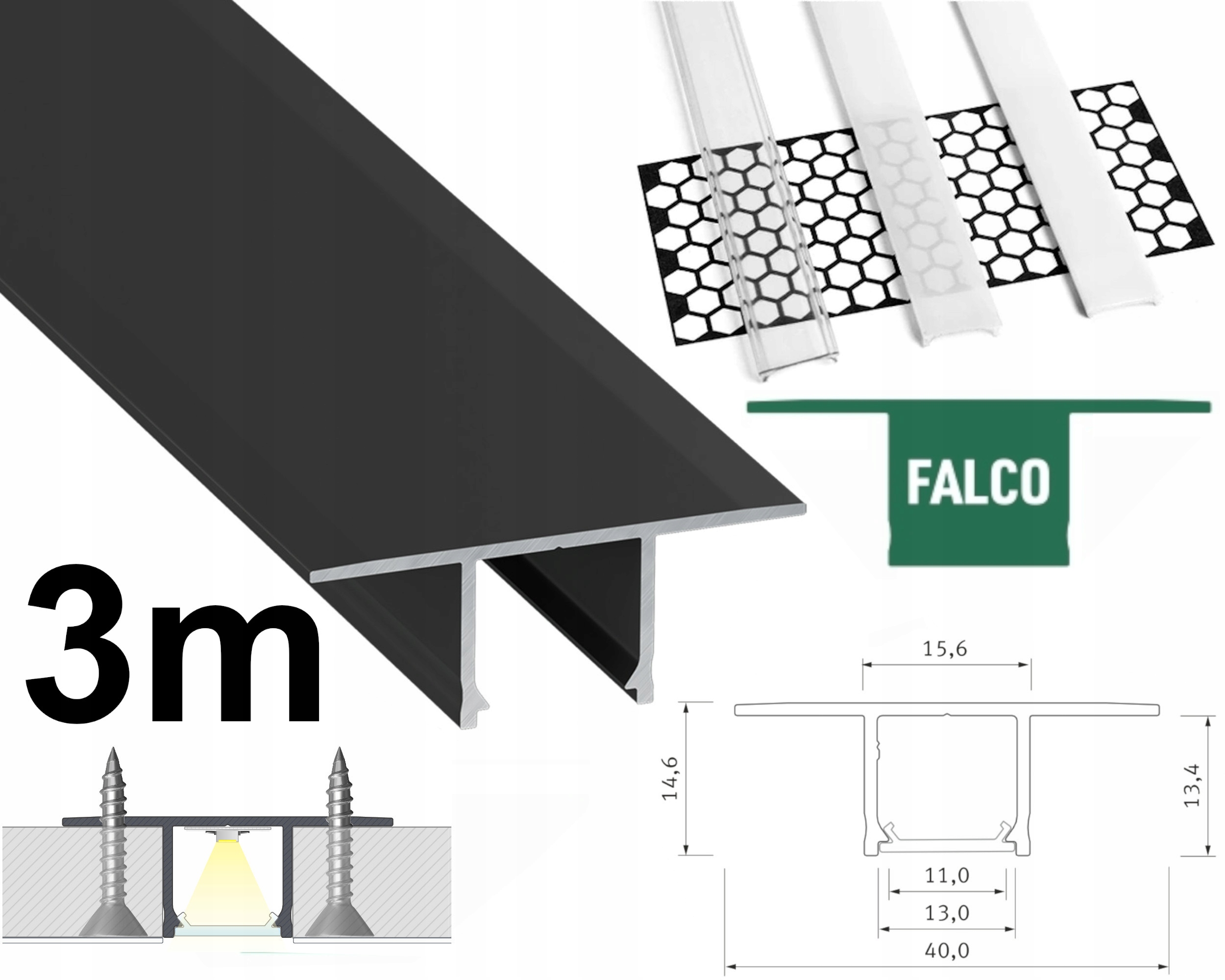 PROFIL LED ALUMINIOWY DO PŁYT GIPS KARTON GK TYP FALCO CZARNY 3M Z KLOSZEM