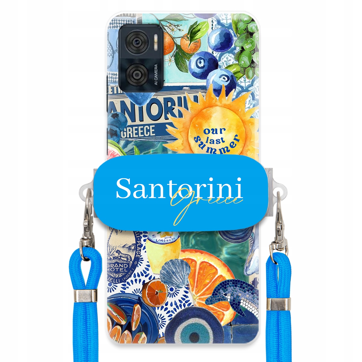 Puzdro pre Motorola E22 Modré Crossbody vodítko držiak Santorini Sea Vibes