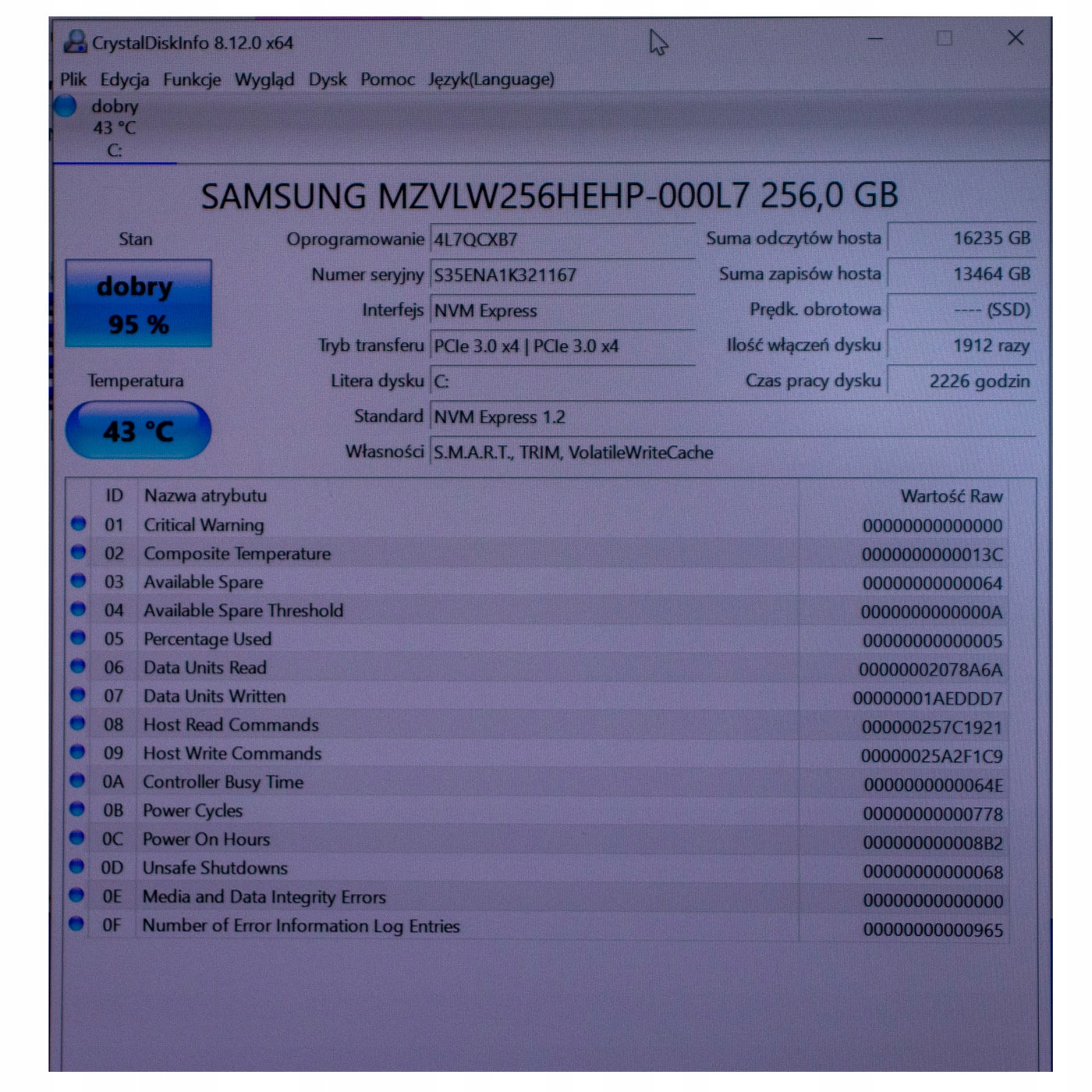 Dysk twardy Samsung 256 GB PCIe SSD M2 2280 Pojemność dysku 256GB