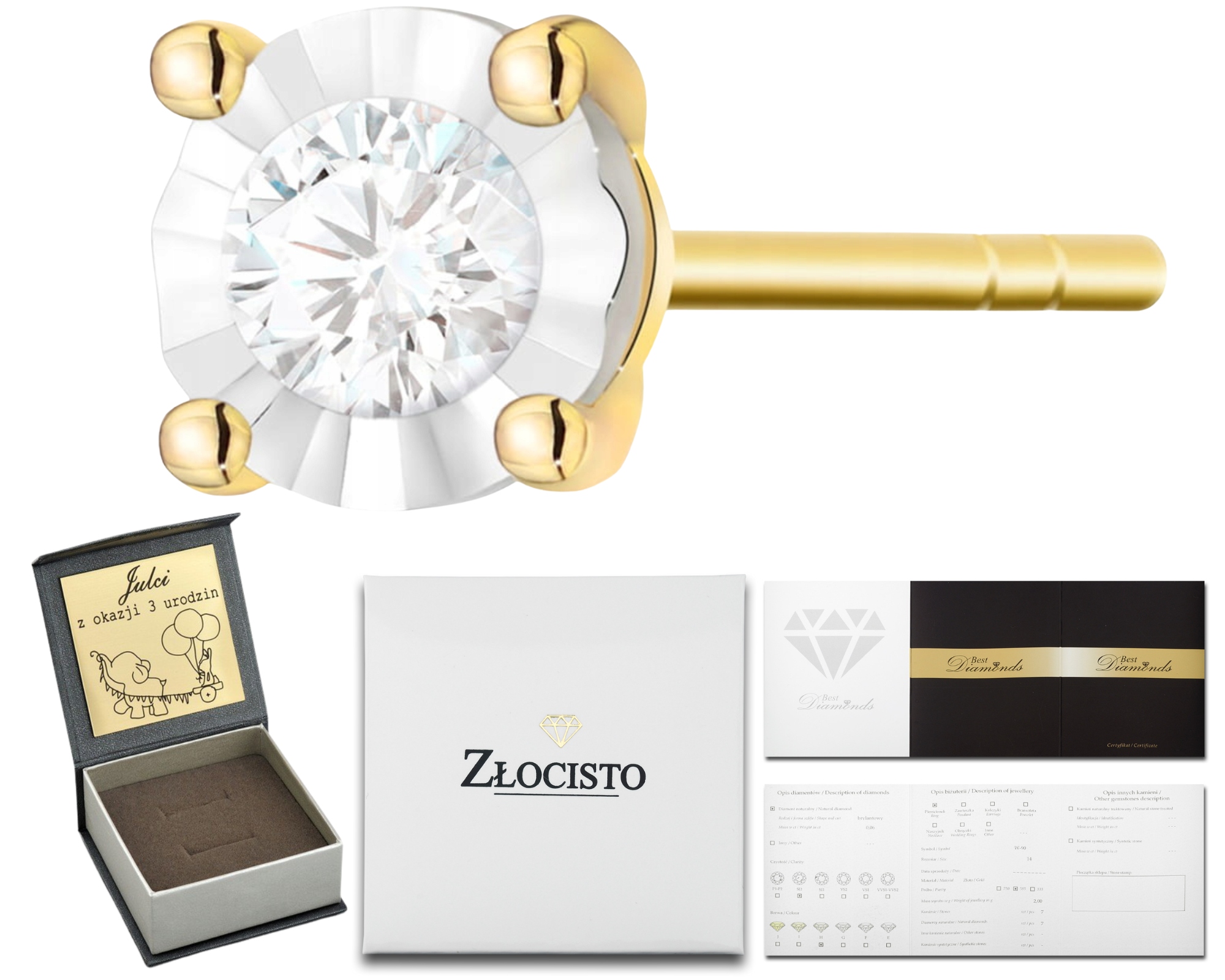 Zlaté Náušnice Helix S Diamantem, 1 Kus, Dárek Ryzost 585