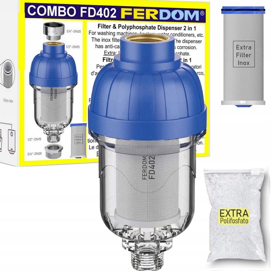 Filtr Inox+Dávkovač Polyfosfát pro pračky a čističe. Proti usazeninám Ferdom
