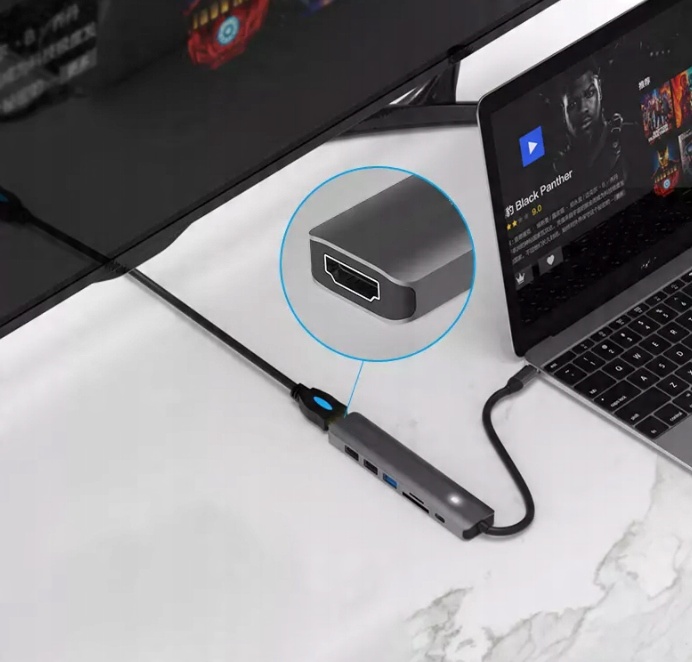Концентратор адаптер USB-C 7in1 HDMI 4K USB 3.0 SD PD M1 LED производитель code HUB USB-C HDMI MICRO Thunderbolt 3 0 LED