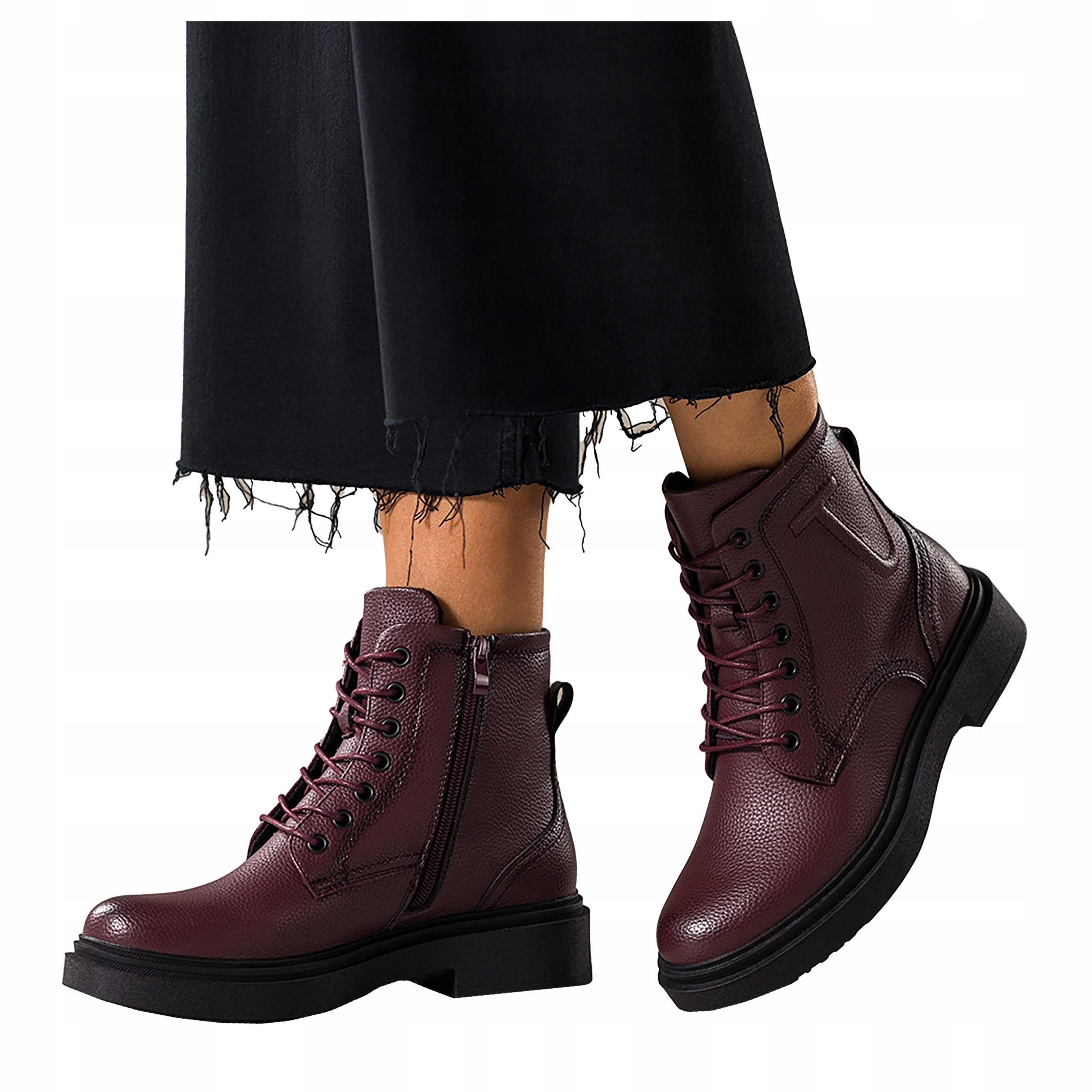 Kotníkové Boty Bordové Kožené Dámské Pohodlné Na Platformě Šněrovací Módní r 36
