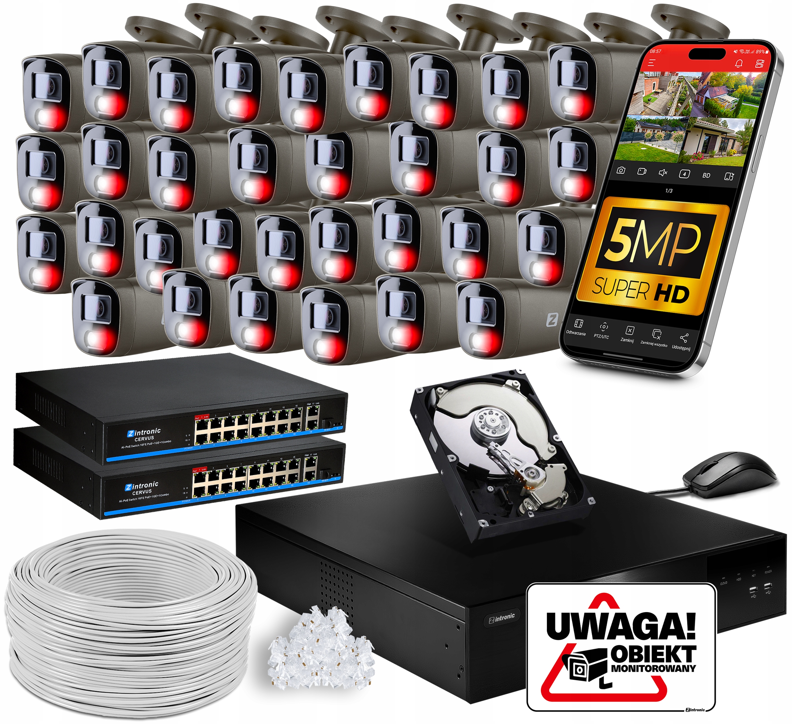 Monitorovací sada 32 kamer 5MPx Ip Poe 10TB Šedá Aplikace +2xSWITCH