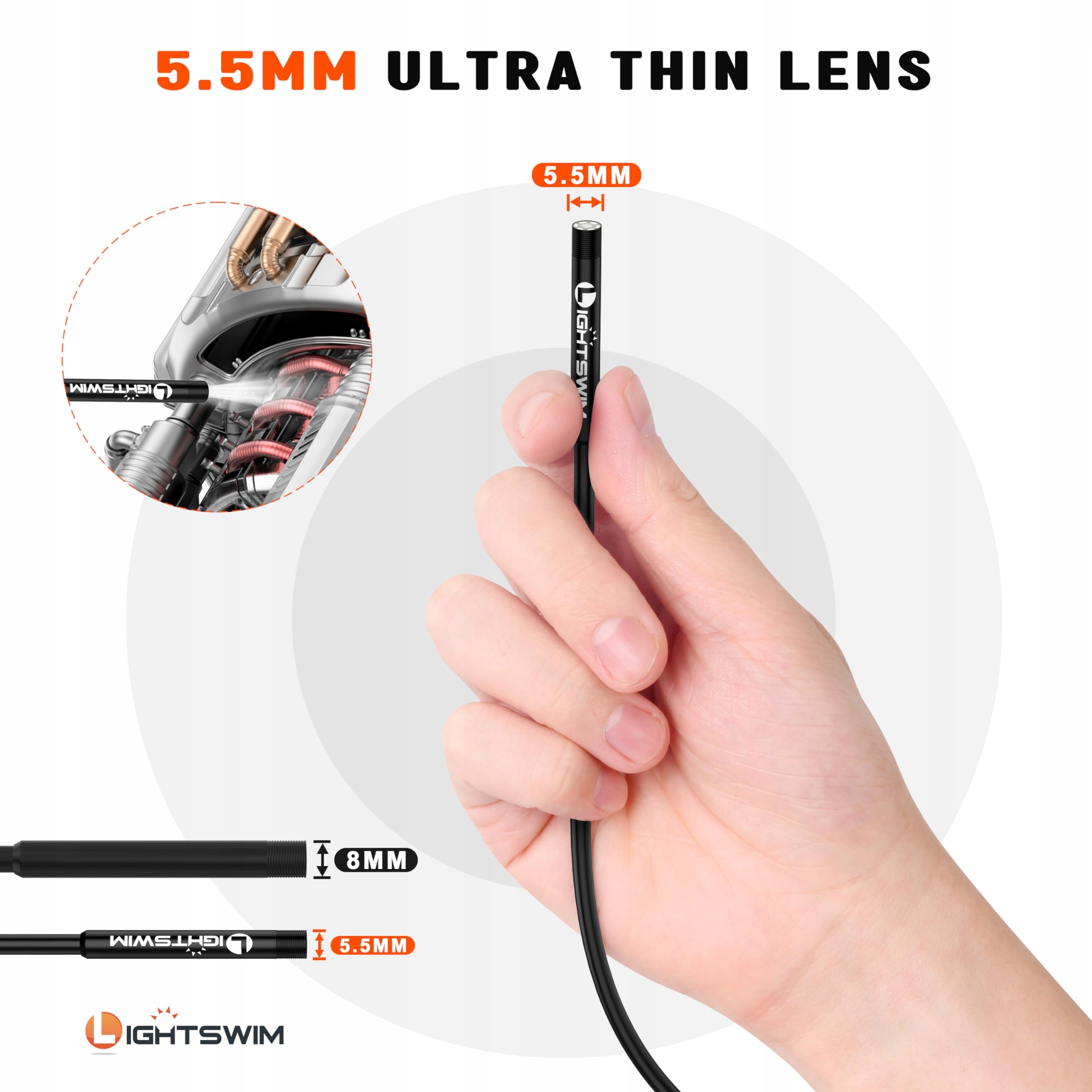LIGHTSWIM Kamera Inspekcyjna Endoskop 5,5mm 1920P 8 LED Android iOS 5m — miniatura 2