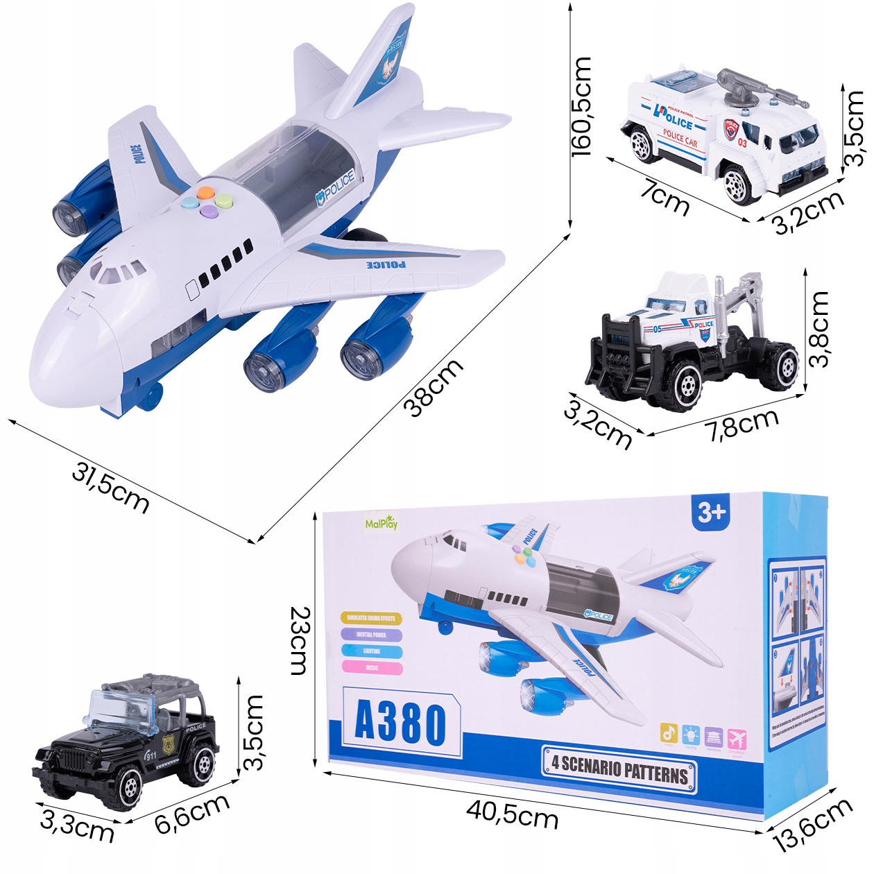 SAMOLOT OTWIERANY INTERAKTYWNY TRANSPORTOWY PASAŻERSKI Z POJAZDAMI POLICJA EAN (GTIN) 5901924238157