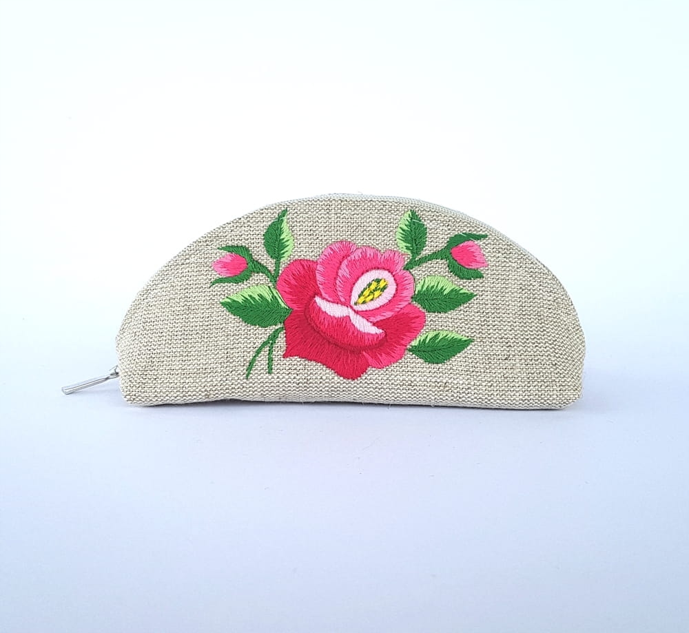 Malá Lněná Kosmetická Taška Folk Rybářská Výšivka Růžová Růže Ruční Práce