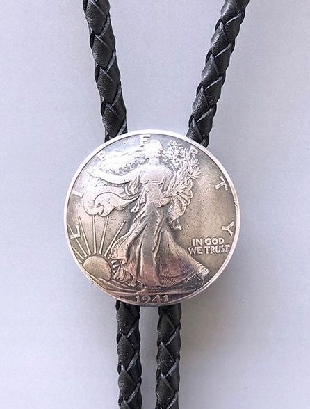 Bolo mince Silver Coin westernová kravata dolar Usa pletenina přírodní kůže
