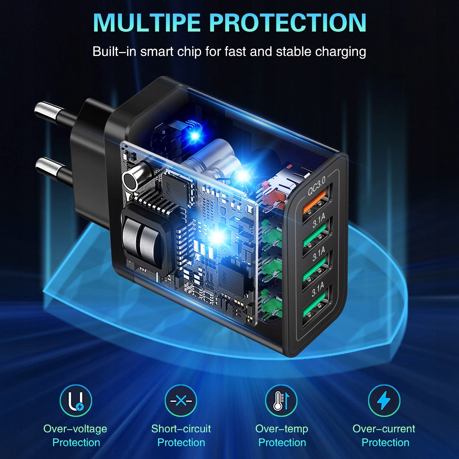 Acezeek: USB Ładowarka 4-Porty 33W QC 3.0 Szybka do iPhone Galaxy — miniatura 4