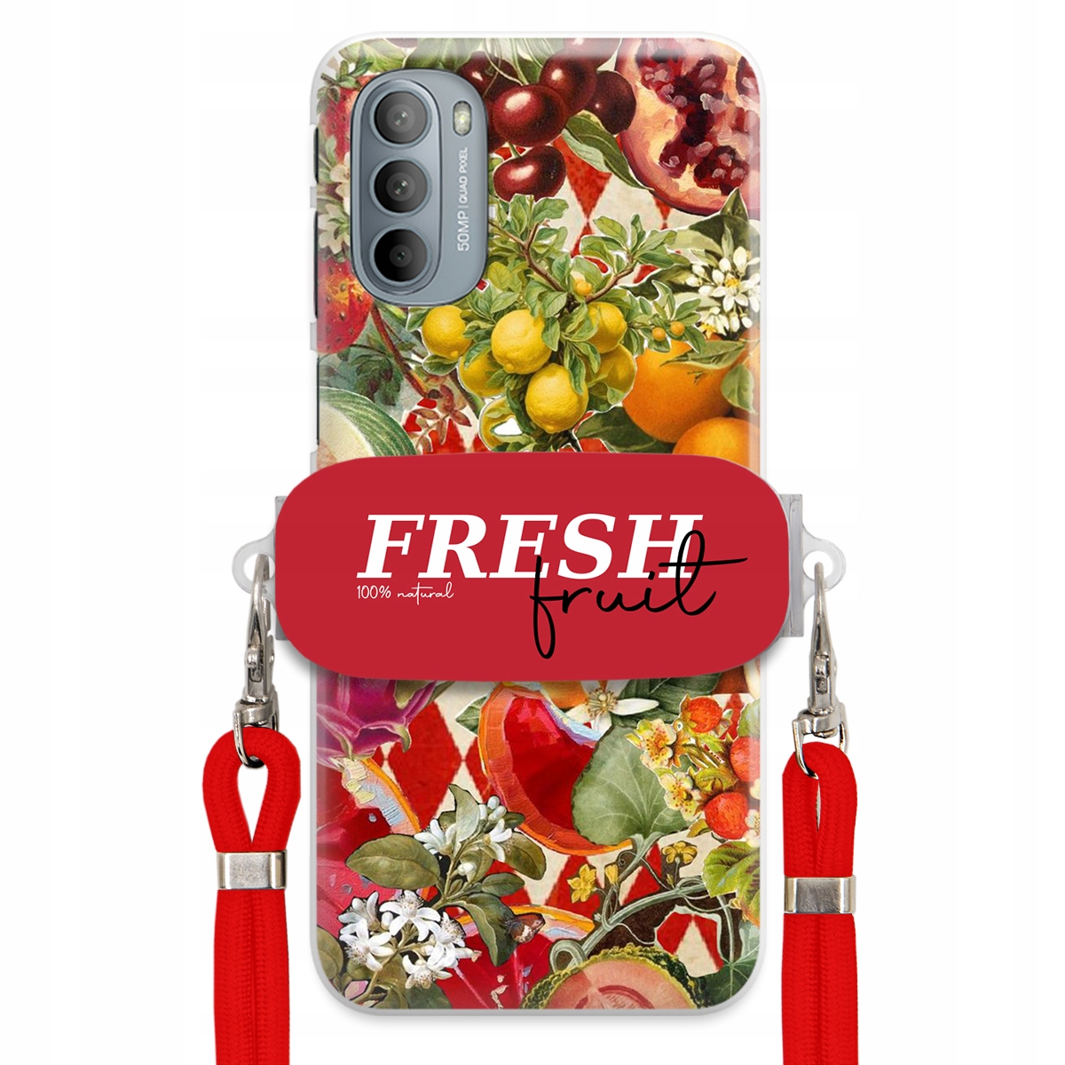 Puzdro pre Motorola G31 4G Červené Crossbody vodítko držiak Fresh Fruit Ovocie