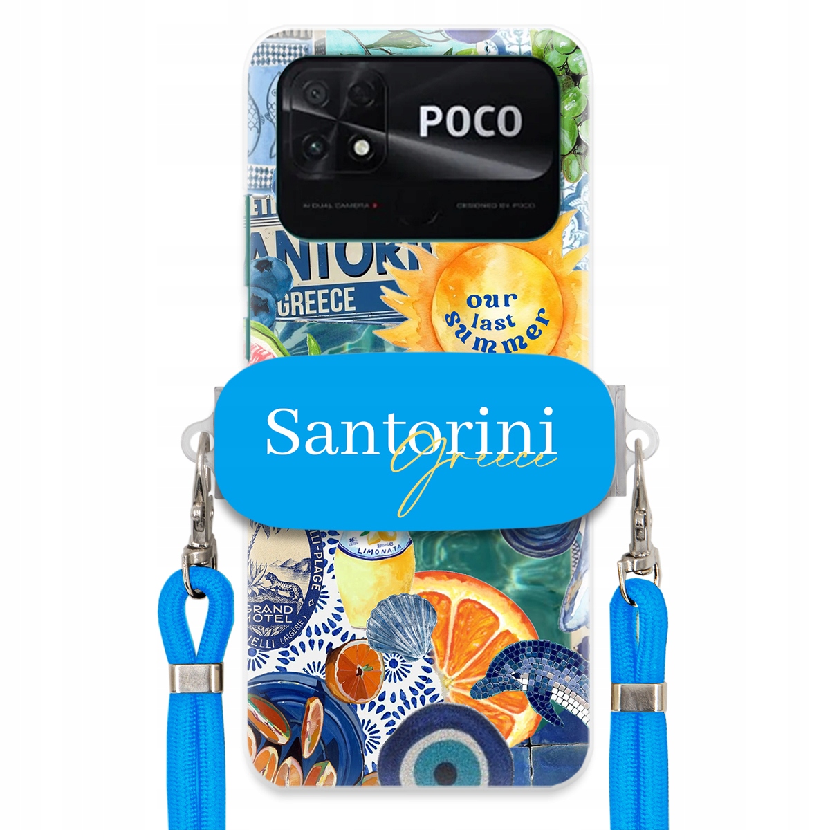Puzdro pre Xiaomi Poco C40 Modré Crossbody vodítko držiak Santorini Greece