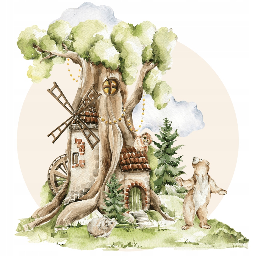 Naklejka na ścianę dla dziecka Domek na drzewie z misiem, naklejka koło XXL
