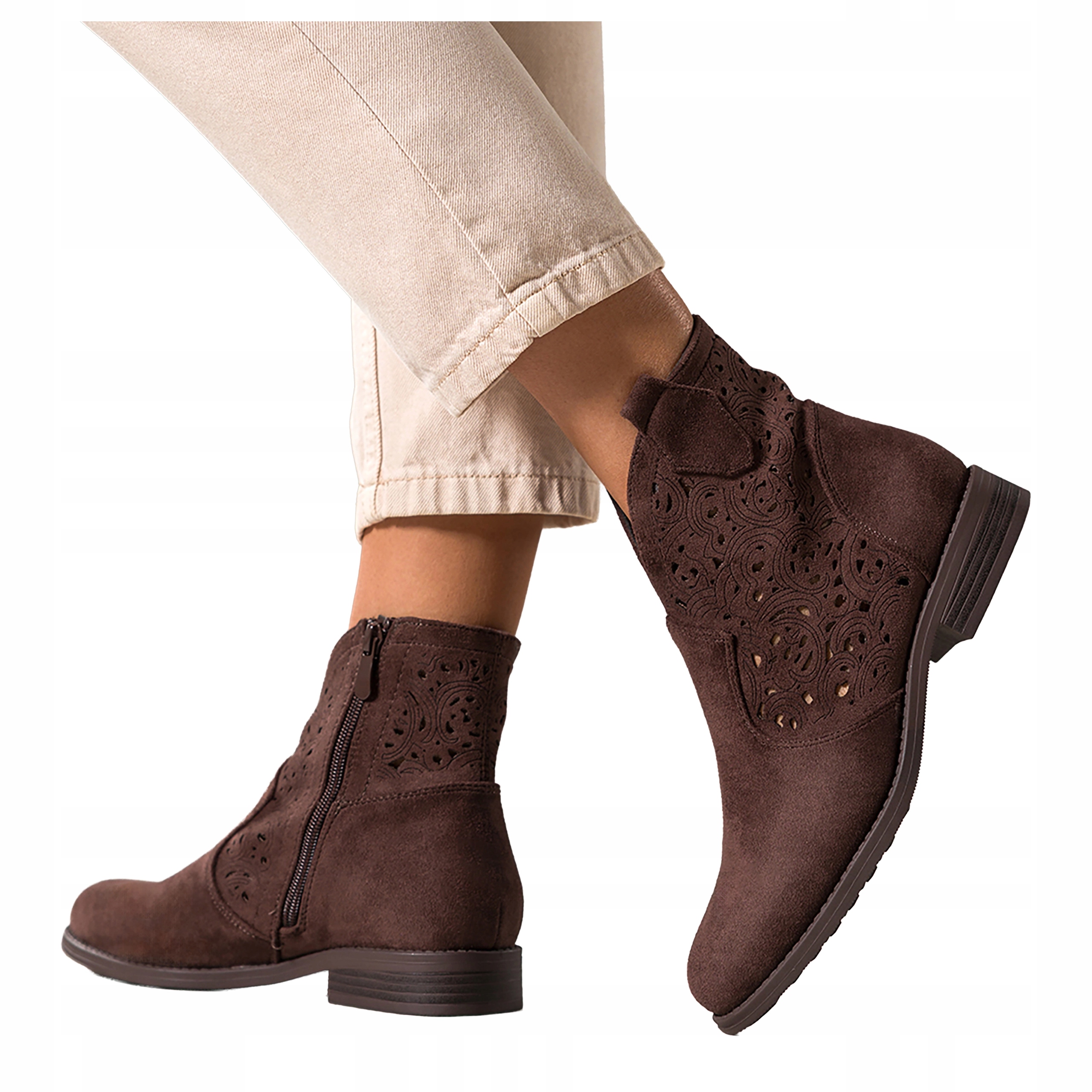 Dámské Kotníkové Boty Čokoládové Ažurové Svršek Pohodlné Semišové Ploché vel. 40