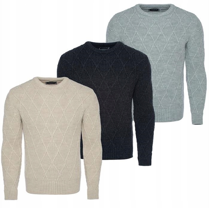 CIEPŁY GRUBY SWETER MĘSKI CASUAL ROMBY SZARY - XL Rozmiar XL