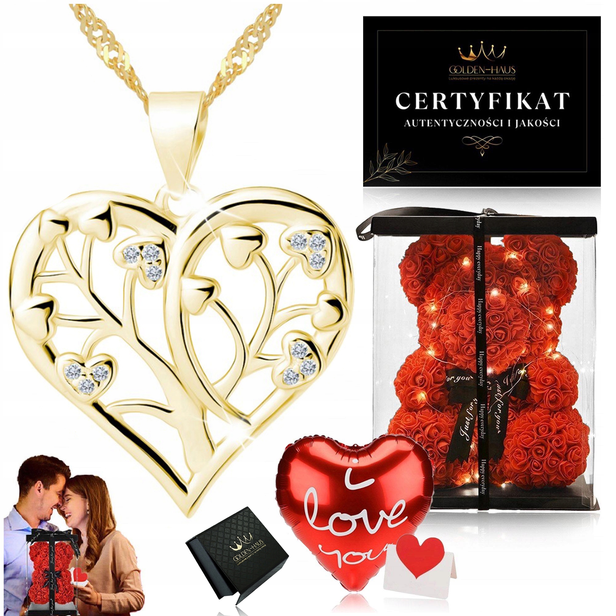 Zlatý Dámský Řetízek Přívěsek Srdce Se Zirkony Ryzost 925/585 Medvídek Z Růží