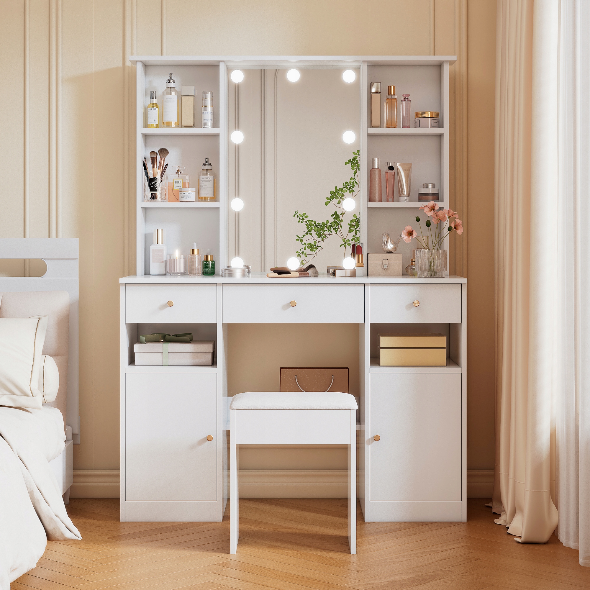 Toaletka 110x40x151 cm Lustro LED Taboret 3 Szuflady Biała