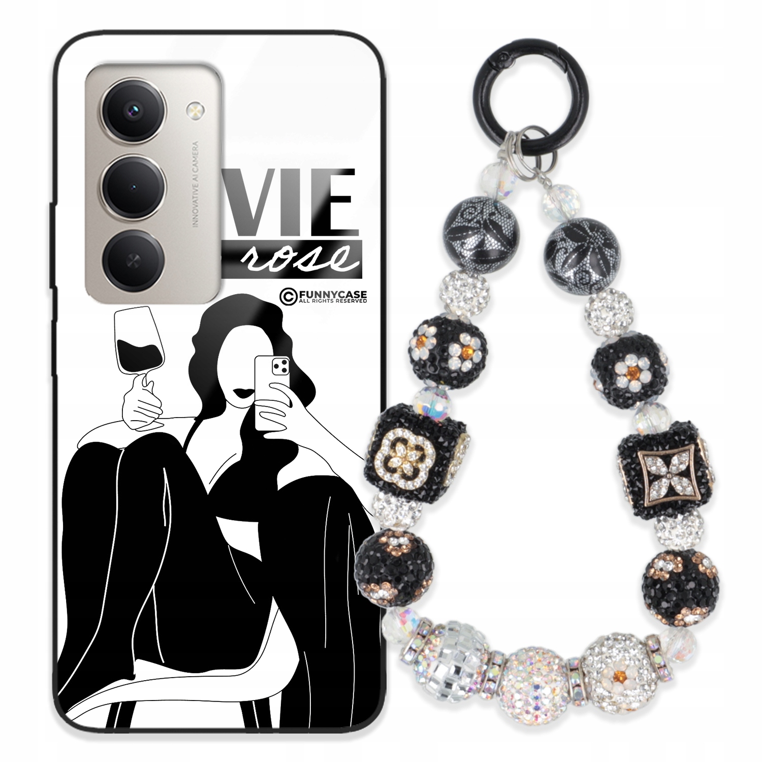 Puzdro Pre Xiaomi Redmi 15 4G Glass Čiernobiely Prívesok Strieborný Zirkónový Vzor