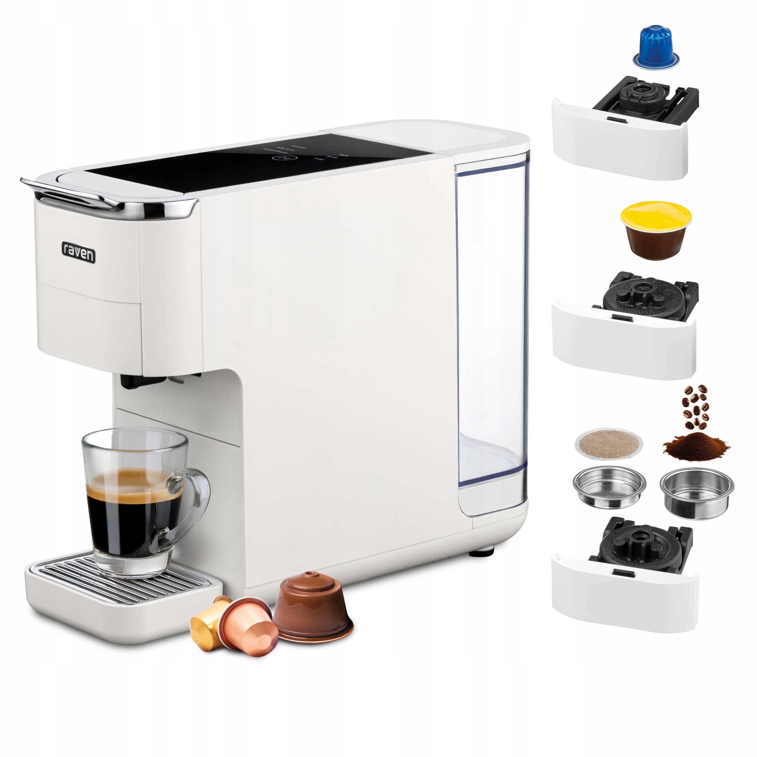 Ekspres ciśnieniowy kapsułkowy Raven EEK001B 3 adaptery do kawy Biały