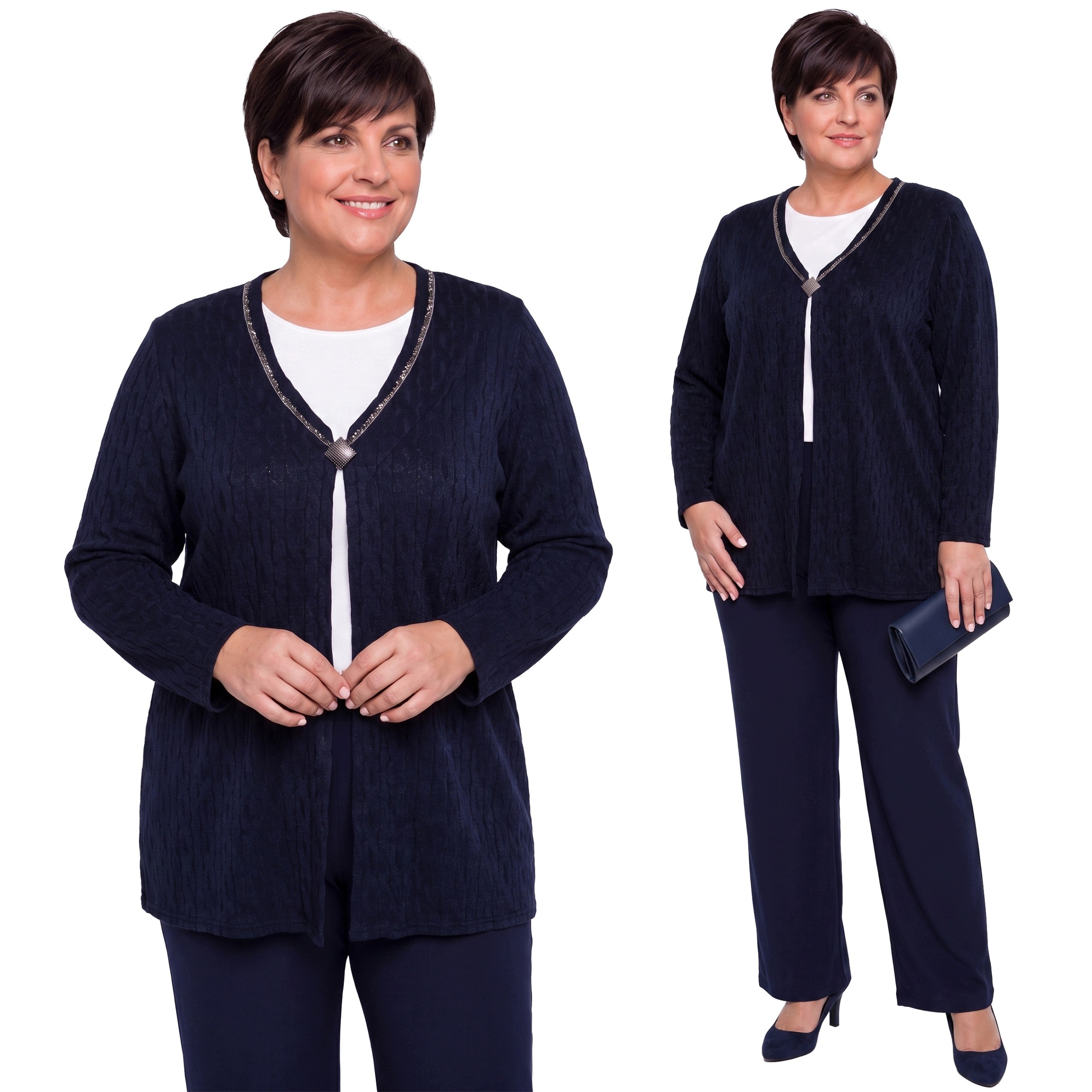 Tmavě modrý svetr s odnímatelnou broží plus size velikost 60/62